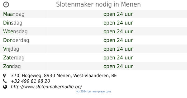 geboorte Spoedig Menda City 🕗 Openingstijden Slotenmaker nodig Menen, 370, Hogeweg, tel. +32 499 81 98  20